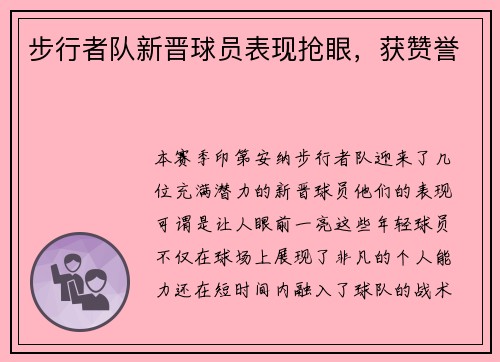 步行者队新晋球员表现抢眼，获赞誉