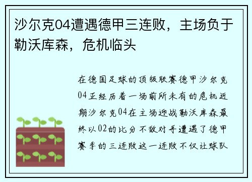 沙尔克04遭遇德甲三连败，主场负于勒沃库森，危机临头