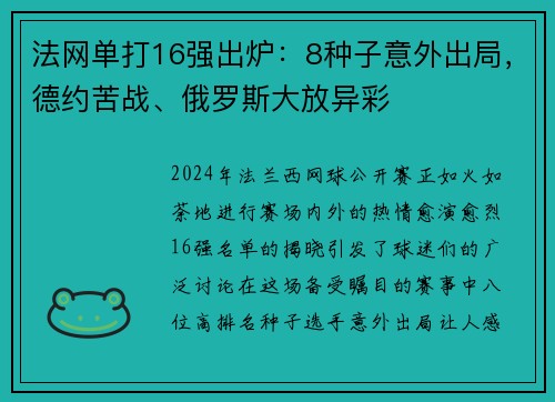 法网单打16强出炉：8种子意外出局，德约苦战、俄罗斯大放异彩