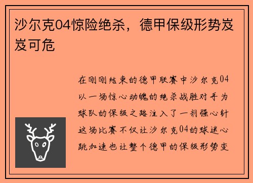 沙尔克04惊险绝杀，德甲保级形势岌岌可危