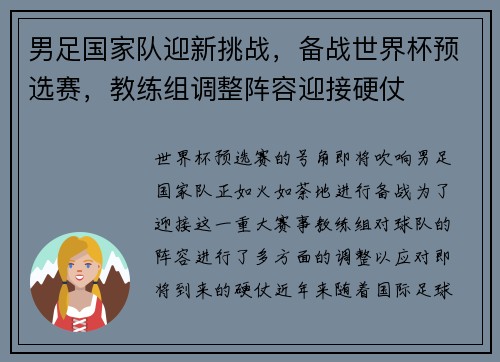 男足国家队迎新挑战，备战世界杯预选赛，教练组调整阵容迎接硬仗