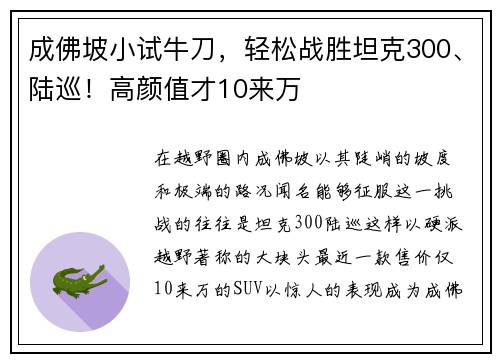 成佛坡小试牛刀，轻松战胜坦克300、陆巡！高颜值才10来万