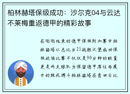 柏林赫塔保级成功：沙尔克04与云达不莱梅重返德甲的精彩故事