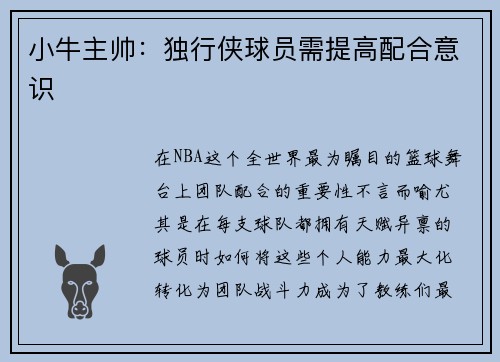 小牛主帅：独行侠球员需提高配合意识