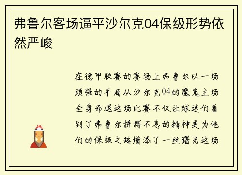 弗鲁尔客场逼平沙尔克04保级形势依然严峻
